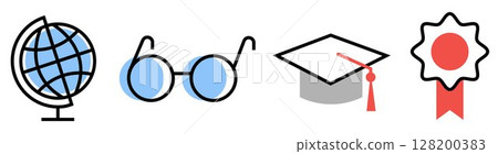 Set of Education objects icons: globe, eyeglasses, mortarboard and decorative seal with ribbons, on transparent background, flat line design, vector illustration 128200383