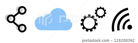 Set of IT objects icons: share sign, cloud, gears and rss sign, on transparent background, flat line design, vector illustration Set of IT objects icons: share sign, cloud, gears and rss sign, on transparent background, flat line design, vector illustration 128200392