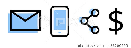 Set of IT objects icons: mail, smart phone, share sign and dollar sign, on transparent background, flat line design, vector illustration Set of IT objects icons: mail, smart phone, share sign and dollar sign, on transparent background, flat line design, vector illustration 128200393