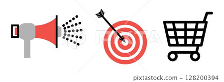 Set of Marketing objects icons: megaphone, goal sign and shopping cart, on transparent background, flat line design, vector illustration Set of Marketing objects icons: megaphone, goal sign and shopping cart, on transparent background, flat line design, vector illustration 128200394