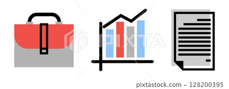 Set of Business objects icons: business bag, business performance chart and contract, on transparent background, flat line design, vector illustration Set of Business objects icons: business bag, business performance chart and contract, on transparent background, flat line design, vector illustration 128200395