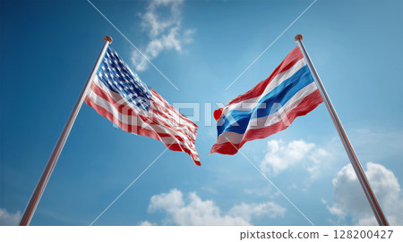 Two flags, American flag and Thai flag, are flapping against clear blue sky, symbolizing international relations Two flags, American flag and Thai flag, are flapping against clear blue sky, symbolizing international relations 128200427