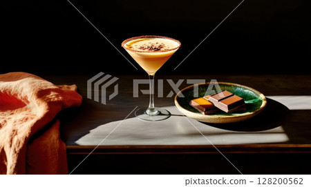 Elegant chocolate martini paired with artisan dessert squares, styled in dramatic lighting for a luxurious gourmet still life scene 128200562