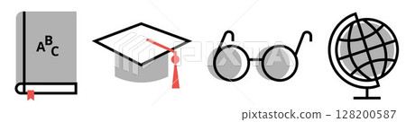 Set of Education icons: close book, mortarboard, eyeglasses and earth globe, on transparent background, flat line design, vector illustration Set of Education icons: close book, mortarboard, eyeglasses and earth globe, on transparent background, flat line design, vector illustration 128200587