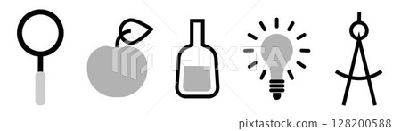 Set of Education icons: magnifying glass, apple fruit, bottle, bulb lamp and divider compass, on transparent background, flat line design, vector illustration 128200588