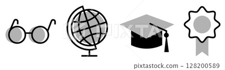 Set of Education icons: eyeglasses, earth globe, mortarboard and certificate ribbon, on transparent background, flat line design, vector illustration Set of Education icons: eyeglasses, earth globe, mortarboard and certificate ribbon, on transparent background, flat line design, vector illustration 128200589
