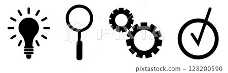 Set of Education icons: bulb lamp, magnifying glass, gears and approved sign, on transparent background, flat line design, vector illustration Set of Education icons: bulb lamp, magnifying glass, gears and approved sign, on transparent background, flat line design, vector illustration 128200590