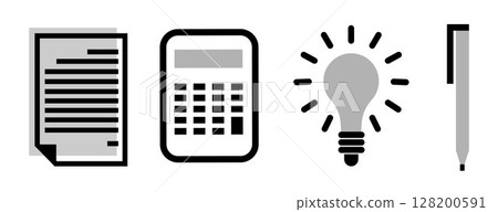 Set of Business icons: document, calculator, bulb lamp as idea symbol and pen, on transparent background, flat line design, vector illustration Set of Business icons: document, calculator, bulb lamp as idea symbol and pen, on transparent background, flat line design, vector illustration 128200591