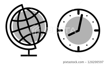 Set of Education icons: earth globe and clock, on transparent background, flat line design, vector illustration 128200597