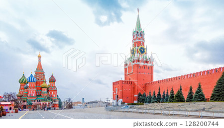 Panoramic view of Moscow Kremlin with Spassky Tower and Saint Basil's Cathedral in center city on Red Square, Moscow, Russia. Panoramic view of Moscow Kremlin with Spassky Tower and Saint Basil's Cathedral in center city on Red Square, Moscow, Russia. 128200744