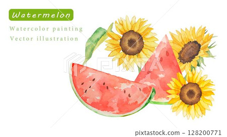 Sunflower and watermelon watercolor vector illustration set 128200771