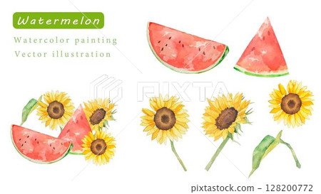 向日葵和西瓜水彩向量插圖集 128200772