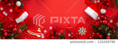 Red Christmas background with fir branches 128200786