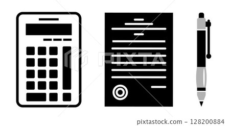 Set of Business icons: calculator, contract and pen, on transparent background, flat line design, vector illustration Set of Business icons: calculator, contract and pen, on transparent background, flat line design, vector illustration 128200884