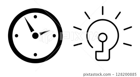 Set of Business icons: clock as time concept and bulb lamp as idea concept, on transparent background, flat line design, vector illustration Set of Business icons: clock as time concept and bulb lamp as idea concept, on transparent background, flat line design, vector illustration 128200885