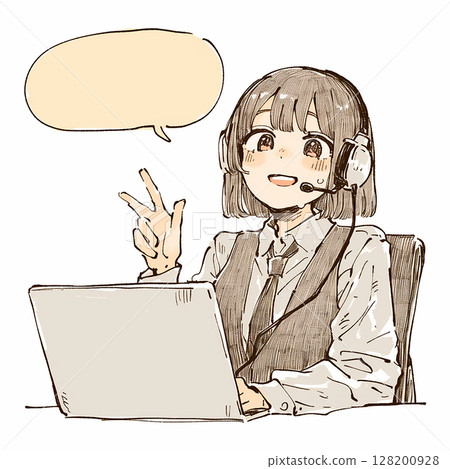 [Speech bubble] Smiling female operator facing a computer and speech bubble 128200928