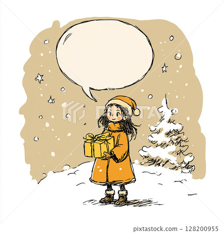 [對話泡泡] 一個微笑的女孩在雪地裡打扮成聖誕老人，還有一個對話泡泡 128200955