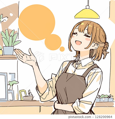 [Speech bubble] A woman in an apron giving an explanation at the cafe counter 128200964