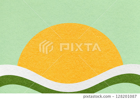 Mint textured paper background with yellow circle for copy space and white green waves for banner, presentation 128201087