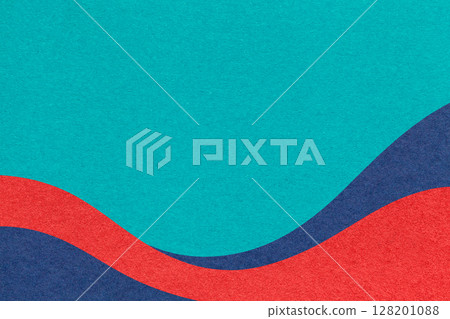 Textured turquoise paper background with red and blue wavy lines and waves, copy space for banner, presentation 128201088