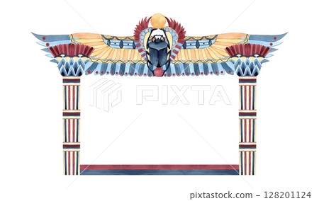 Frame Egyptian column with lotus, Scarab beetle wings, vase. Ancient ornament Egypt style. Watercolor isolated illustration. Culture concept for postcards, packaging, store design, souvenir products Frame Egyptian column with lotus, Scarab beetle wings, vase. Ancient ornament Egypt style. Watercolor isolated illustration. Culture concept for postcards, packaging, store design, souvenir products 128201124