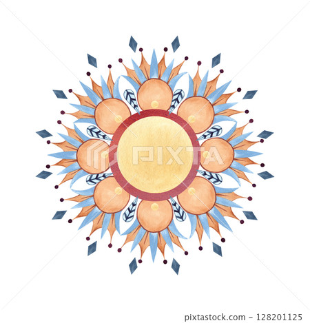 Ancient arabesque, abstract flower. African round ornament. Geometric patterns with lotus. Watercolor isolated illustration. Arabic culture concept, Egyptian, Persian for textile, souvenir, postcards 128201125