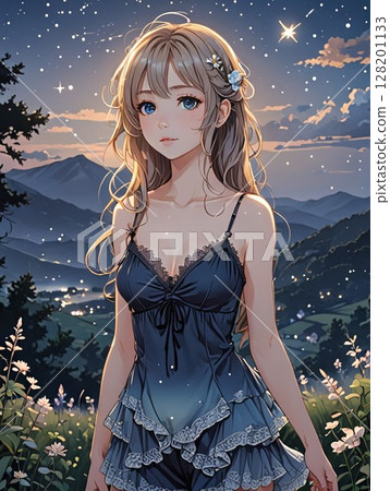 A girl in a white dress standing in the city at night A girl in a white dress standing in the city at night 128201133
