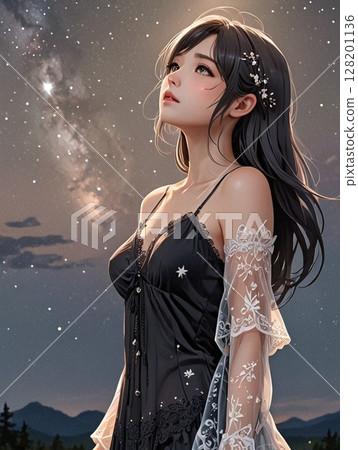 Woman standing on the beach at sunset 128201136