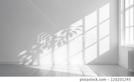 Tropical leaves natural shadow overlay on white texture background, backdrop and mockup, summer seasonal concept 128201245
