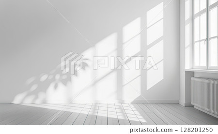 Tropical leaves natural shadow overlay on white texture background, backdrop and mockup, summer seasonal concept 128201250