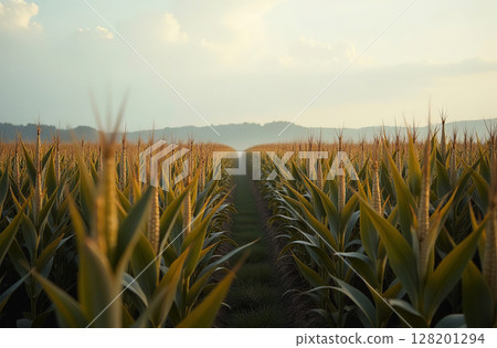 Corn cob on vegetable garden, farm, seedlings, plants, vegetables. AI Generative 128201294