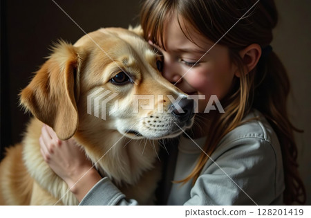 Child hugging pet, friendship of dog and kid, dark background. AI Generative 128201419
