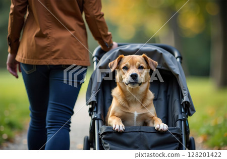 Woman carry pet in stroller, dog walk outside sitting in arriage. AI Generative Woman carry pet in stroller, dog walk outside sitting in arriage. AI Generative 128201422