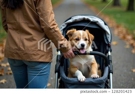 Woman carry pet in stroller, dog walk outside sitting in arriage. AI Generative Woman carry pet in stroller, dog walk outside sitting in arriage. AI Generative 128201423