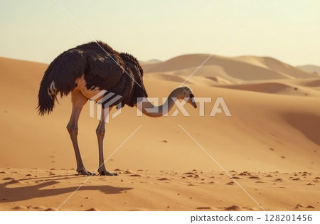 Ostrich stands on sand dune, desert bright sunny day background. AI Generative 128201456