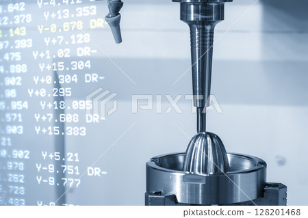 Abstract scene the CNC milling machine finish cut the mold parts and NC data background. 128201468