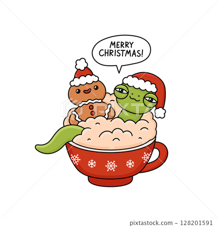 Funny snake in Santa hat and gingerbread man cookie 128201591