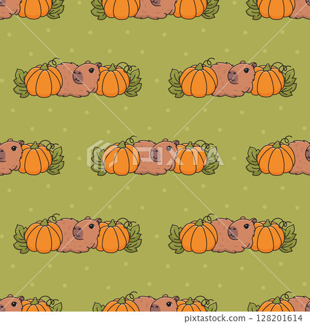 Seamless pattern with cozy animal capybara and with pumpkins Seamless pattern with cozy animal capybara and with pumpkins 128201614