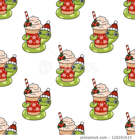 Cartoon funny snake in Santa hat with Winter holiday spiced drink in mug 128201615