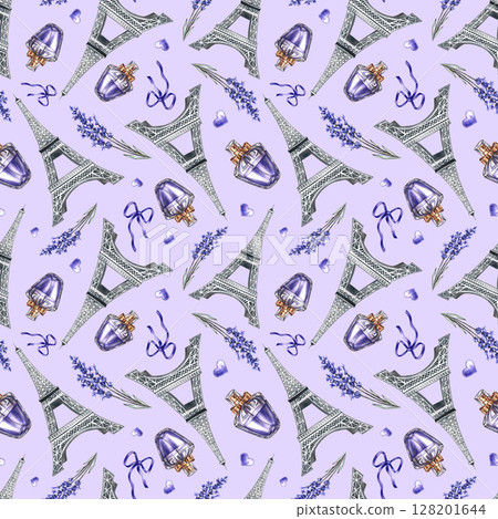 Seamless purple pattern depicting French fashion and beauty. Hand-drawn watercolor illustrations. Perfumes, lavender flowers, and the Eiffel Tower. For textiles, wrapping paper, tablecloths, curtains. Seamless purple pattern depicting French fashion and beauty. Hand-drawn watercolor illustrations. Perfumes, lavender flowers, and the Eiffel Tower. For textiles, wrapping paper, tablecloths, curtains. 128201644