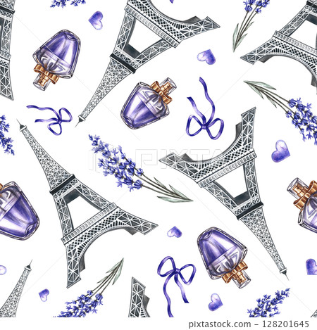 Seamless purple pattern depicting French fashion and beauty. Hand-drawn watercolor illustrations. Perfumes, lavender flowers, and the Eiffel Tower. For textiles, wrapping paper, tablecloths, curtains. Seamless purple pattern depicting French fashion and beauty. Hand-drawn watercolor illustrations. Perfumes, lavender flowers, and the Eiffel Tower. For textiles, wrapping paper, tablecloths, curtains. 128201645