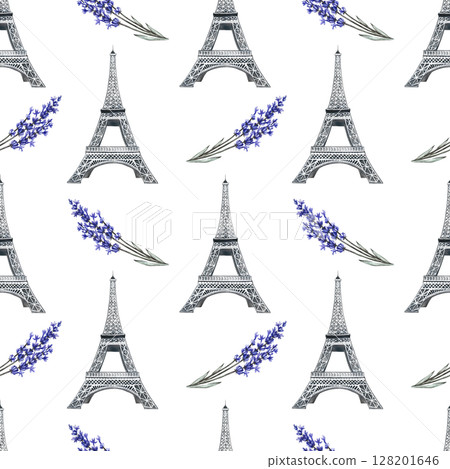 Seamless pattern with the Eiffel Tower and lavender flowers. Hand-drawn watercolor illustrations. Beautiful and delicate pattern for textiles, clothing, wrapping paper, tablecloths, and curtains. Seamless pattern with the Eiffel Tower and lavender flowers. Hand-drawn watercolor illustrations. Beautiful and delicate pattern for textiles, clothing, wrapping paper, tablecloths, and curtains. 128201646