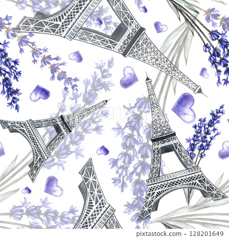 Seamless purple pattern with the Eiffel Tower and lavender flowers. Hand-drawn watercolor illustrations. Beautiful pattern for clothing textiles, wrapping paper, tablecloths, curtains, etc. 128201649