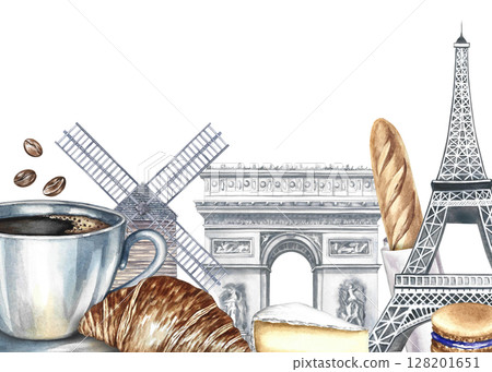 A frame with images of Parisian landmarks and food. Hand-drawn watercolor illustration. Baguette, cheese, croissant, almond biscuit and cup of coffee, Eiffel Tower, Arc de Triomphe, and a mill. 128201651