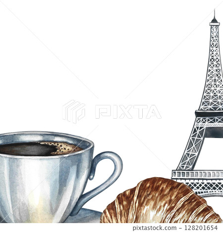 Frame. A cup of coffee, a croissant, and the Eiffel Tower. Hand-drawn watercolor illustration. Isolation. Color image. For packaging, logos, and labels. For banners, flyers, menus, posters, and more. Frame. A cup of coffee, a croissant, and the Eiffel Tower. Hand-drawn watercolor illustration. Isolation. Color image. For packaging, logos, and labels. For banners, flyers, menus, posters, and more. 128201654
