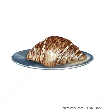 Croissant on a saucer. French pastry. Hand-drawn watercolor illustration. Isolate. Color image. Crescent-shaped puff pastry. For menu and recipe design, labels, packaging, and more. Croissant on a saucer. French pastry. Hand-drawn watercolor illustration. Isolate. Color image. Crescent-shaped puff pastry. For menu and recipe design, labels, packaging, and more. 128201655