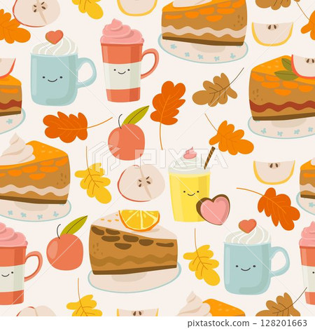Seamless Pattern of various piece of apple pie, cups and autumn leaves Seamless Pattern of various piece of apple pie, cups and autumn leaves 128201663