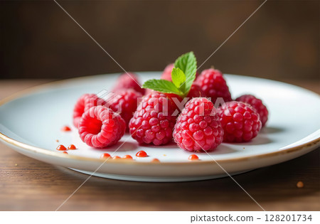 Raspberry on table, close-up of fresh berries, bright kitchen. AI Generative 128201734