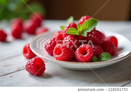 Raspberry on table, close-up of fresh berries, bright kitchen. AI Generative Raspberry on table, close-up of fresh berries, bright kitchen. AI Generative 128201735