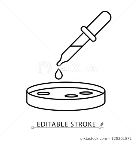 A sample drop icon in minimalist style with editable stroke. Laboratory pipette, petri dish, liquid test, clinical specimen, medical analysis, biology research, outline object, vector illustration. 128201871